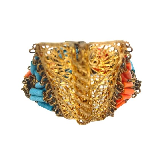 Egyptian Revival Antique Faience Coral and Turquoise Bracelets Art Deco, Estate - Picture 4 of 11